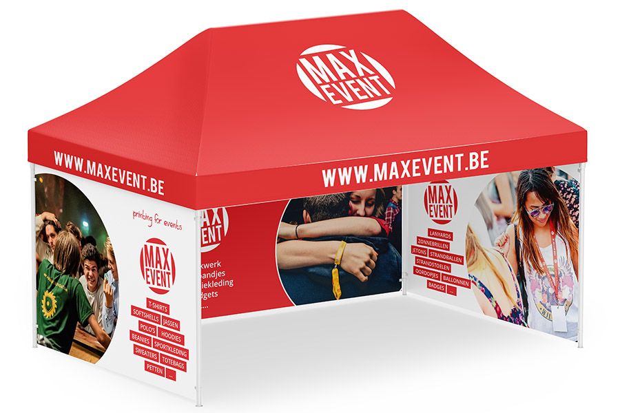 mock-up voor een vouwtent van 3 bij 4,5m met bedrukte wanden en dak